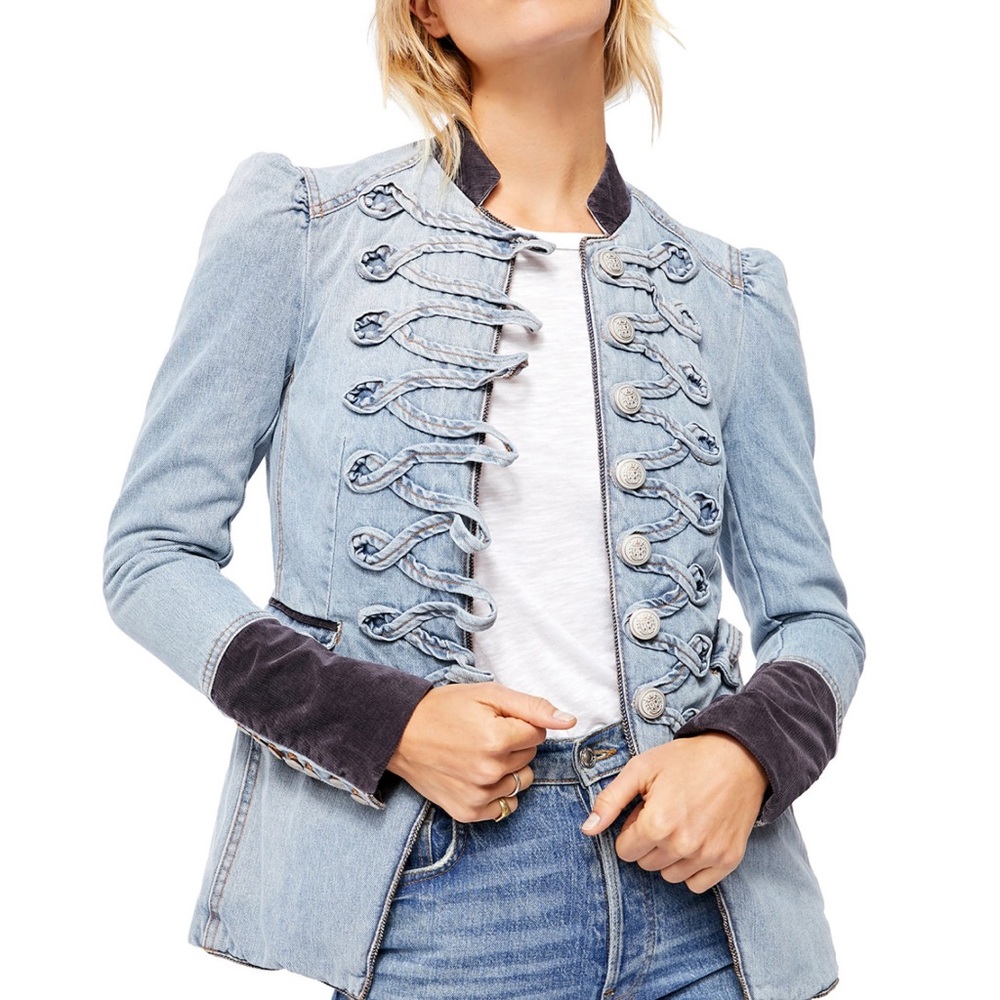 Free People Blue Denim Jacket with Dark Trim - Picture 2 of 10